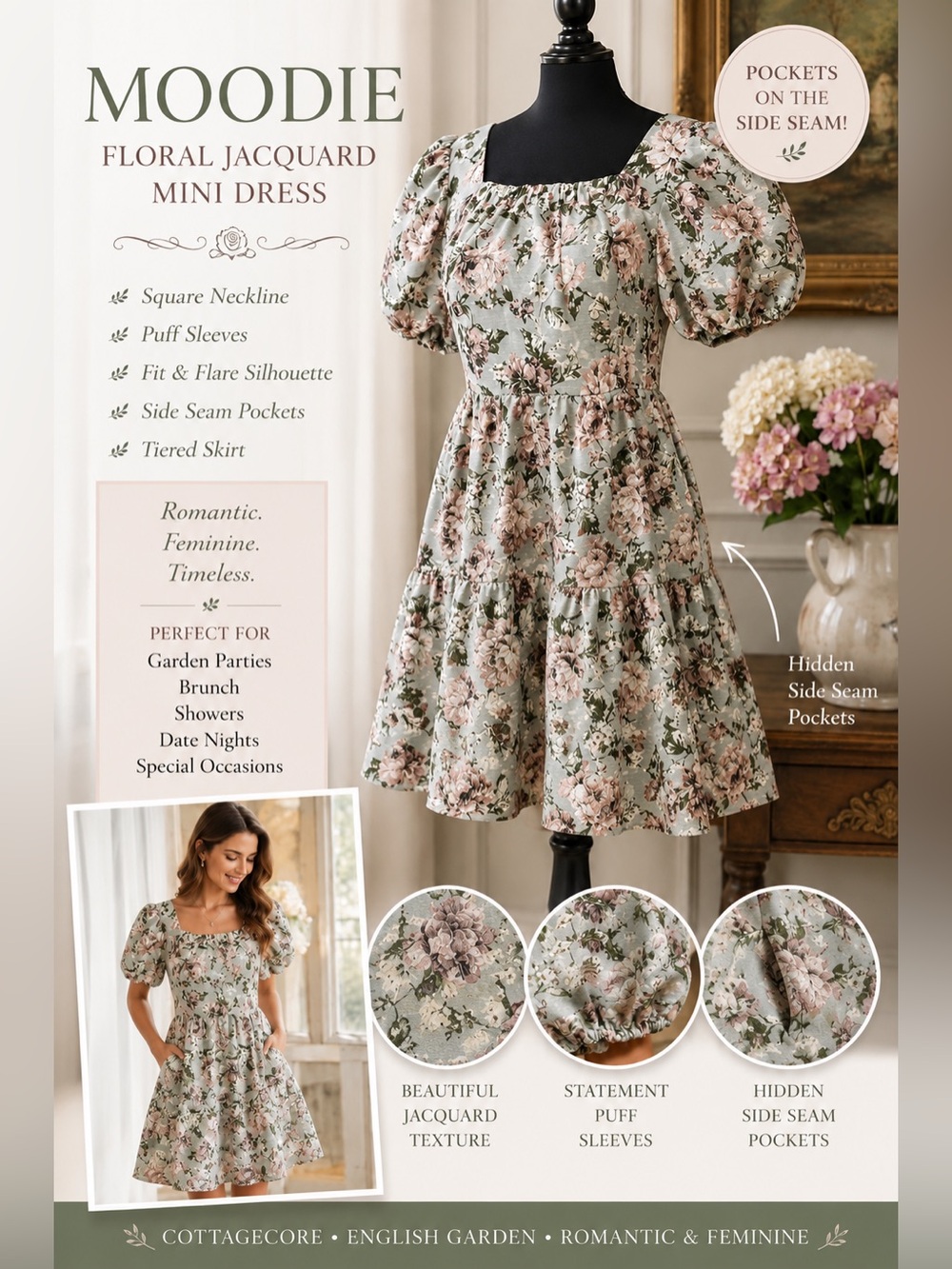Moodie Floral Mini Dress M Puff Sleeve Square Neck Pockets Cottagecore